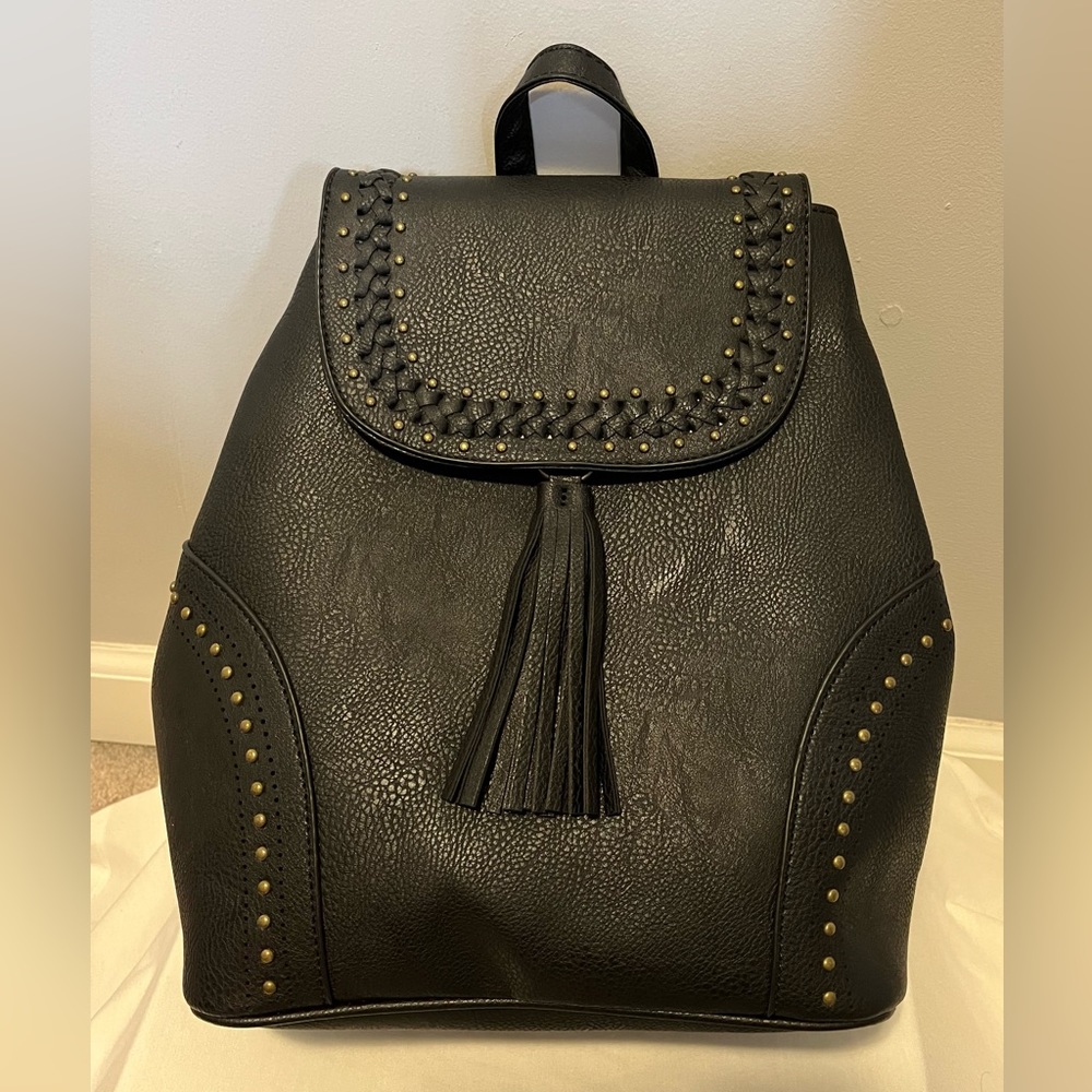 NWT Revive Vintage backpack, black vegan leather with studded tassel details